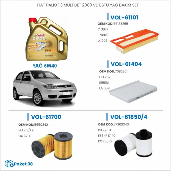 FİAT PALİO 1.3 MULTİJET 2003 VE ÜSTÜ YAĞ BAKIM SETİ