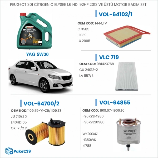 PEUGEOT 301 CİTROEN C ELYSEE 1.6 HDİ 92HP 2013 VE ÜSTÜ MOTOR BAKIM SETİ