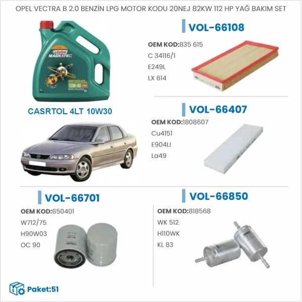 OPEL VECTRA B 2.0 BENZİN LPG MOTOR KODU 20NEJ 82KW 112 HP YAĞ BAKIM SETİ
