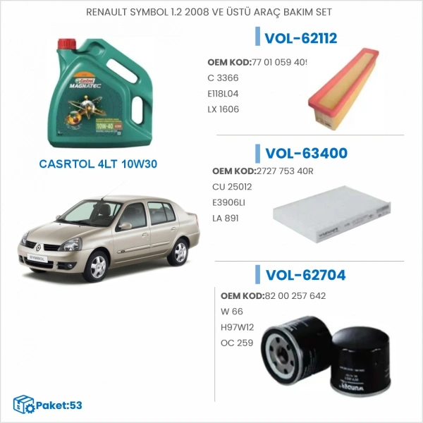 RENAULT SYMBOL 1.2 2008 VE ÜSTÜ ARAÇ BAKIM SETİ