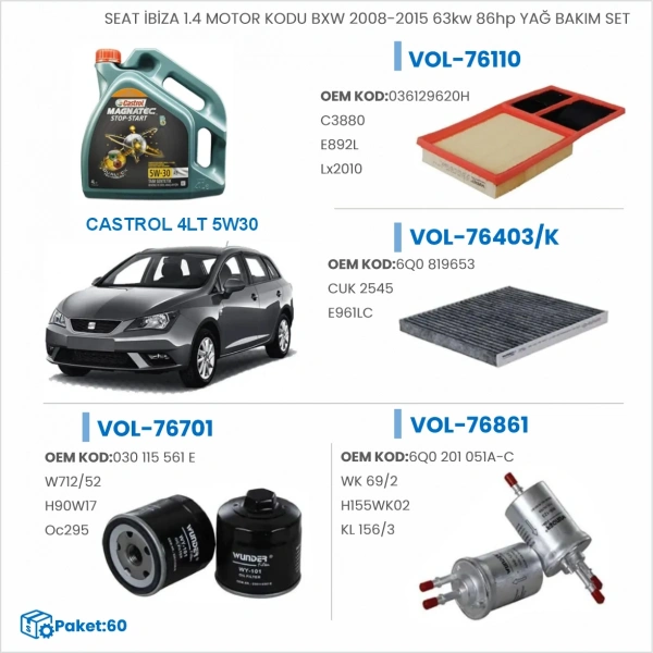 SEAT İBİZA 1.4 MOTOR KODU BXW 2008-2015 63kw 86hp YAĞ BAKIM SETİ