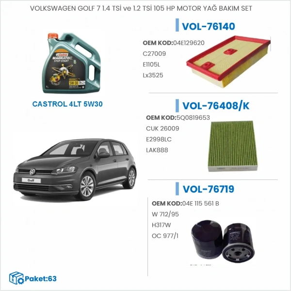 VOLKSWAGEN GOLF 7 1.4 TSİ ve 1.2 TSİ 105 HP MOTOR YAĞ BAKIM SETİ