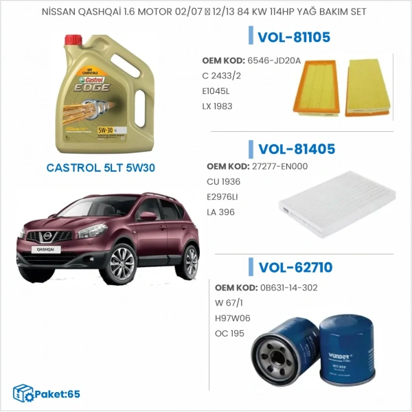NİSSAN QASHQAİ 1.6 MOTOR 02/07 → 12/13 84 KW 114HP YAĞ BAKIM SETİ