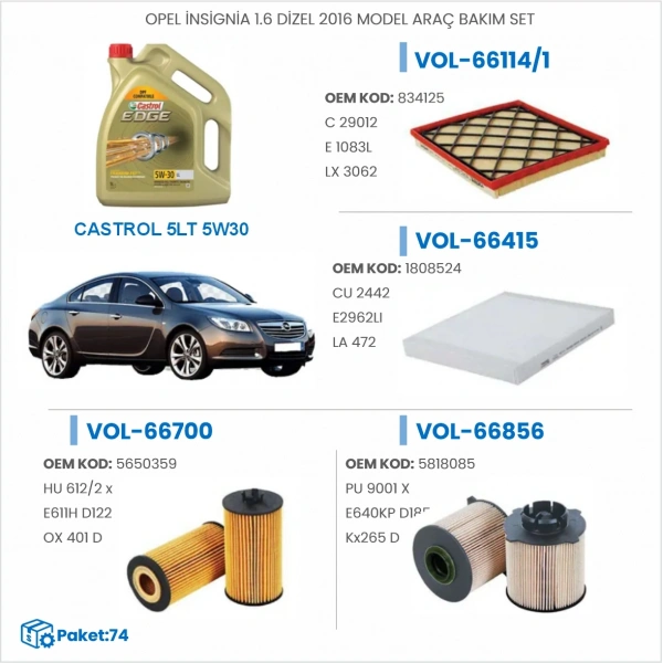 OPEL İNSİGNİA 1.6 DİZEL 2016 MODEL ARAÇ BAKIM SETİ
