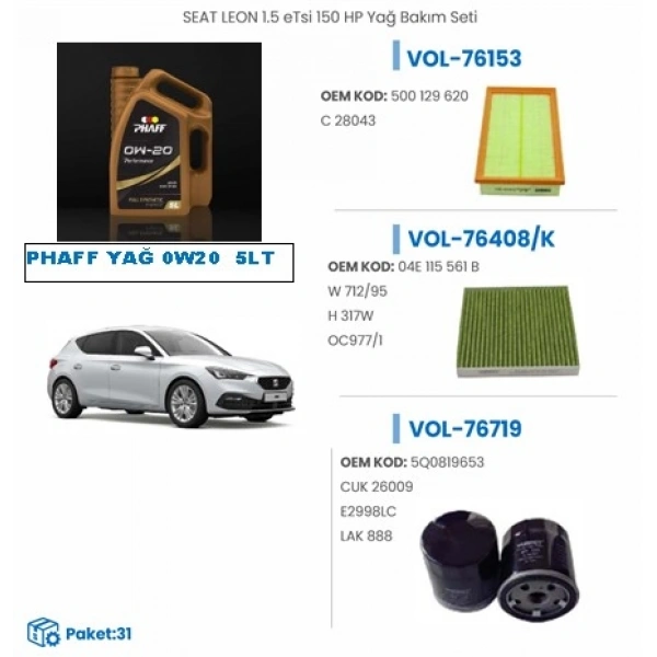 SEAT LEON 1.5 eTsi 150 HP Yağ Bakım Seti