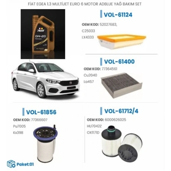 FİAT EGEA 1.3 MULTİJET EURO 6 MOTOR ADBLUE YAĞ BAKIM SET