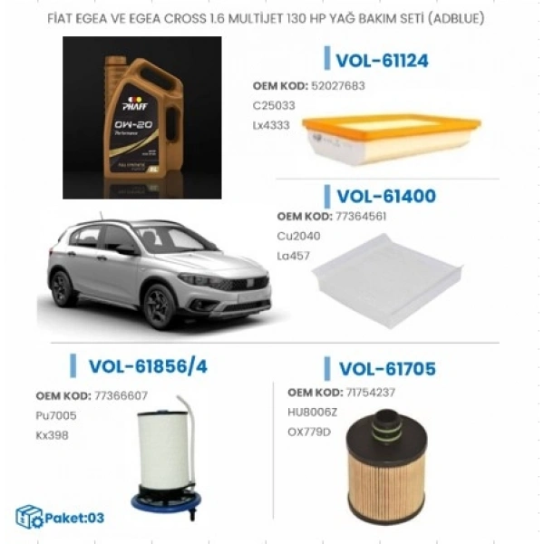 FİAT EGEA VE EGEA CROSS 1.6 MULTIJET 130 HP YAĞ BAKIM SETİ (ADBLUE)