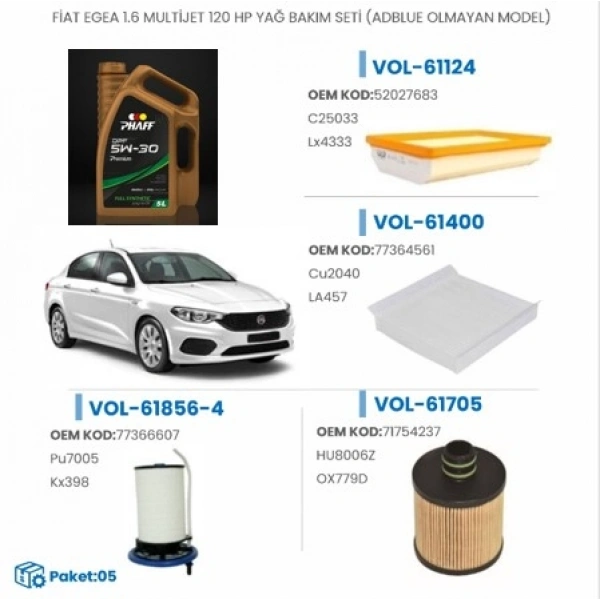 FİAT EGEA VE EGEA CROSS 1.6 MULTIJET 130 HP YAĞ BAKIM SETİ (ADBLUE OLMAYAN MODEL)