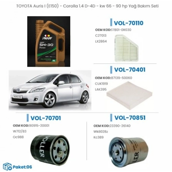 TOYATA Aurıs I (E150)- Coralla 1.4 D-D4-KW 60-99 hp Yağ Bakım Seti