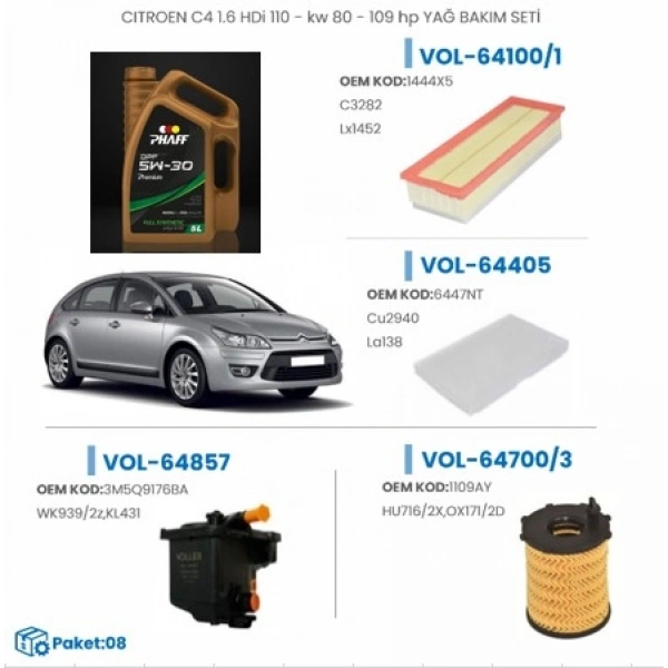 CITROEN C4 1.6 HDi 110 - kw 80 - 109 hp YAĞ BAKIM SETİ