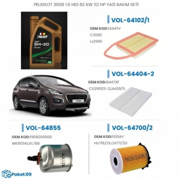 PEUGEOT 3008 1.6 HDİ 82 KW 112 HP YAĞ BAKIM SETİ