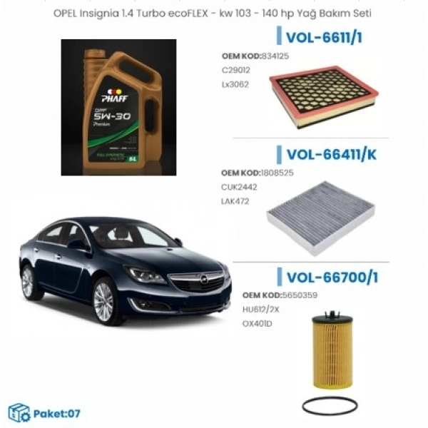 OPEL Insignia 1.4 Turbo ecoFLEX - kw 103 - 140 hp Yağ Bakım Seti Castrol