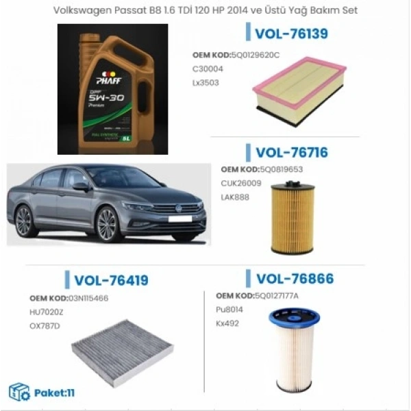 Volkswagen Passat B8 1.6 TDİ 120 HP 2014 ve Üstü Yağ Bakım Seti