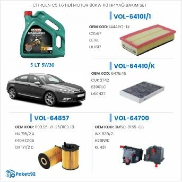CİTROEN C5 1.6 HDİ MOTOR 80KW 110 HP YAĞ BAKIM SETİ