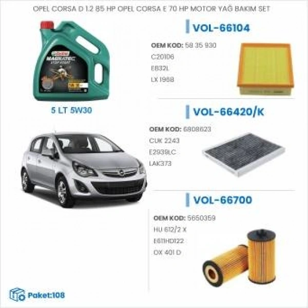 OPEL CORSA D 1.2 85 HP OPEL CORSA E 70 HP MOTOR YAĞ BAKIM SETİ