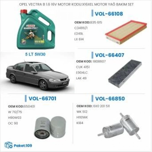 OPEL VECTRA B 1.6 16V MOTOR KODU:X16XEL MOTOR YAĞ BAKIM SETİ