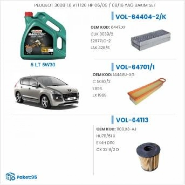 PEUGEOT 3008 1.6 VTİ 120 HP 06/09 → 08/16 YAĞ BAKIM SETİ
