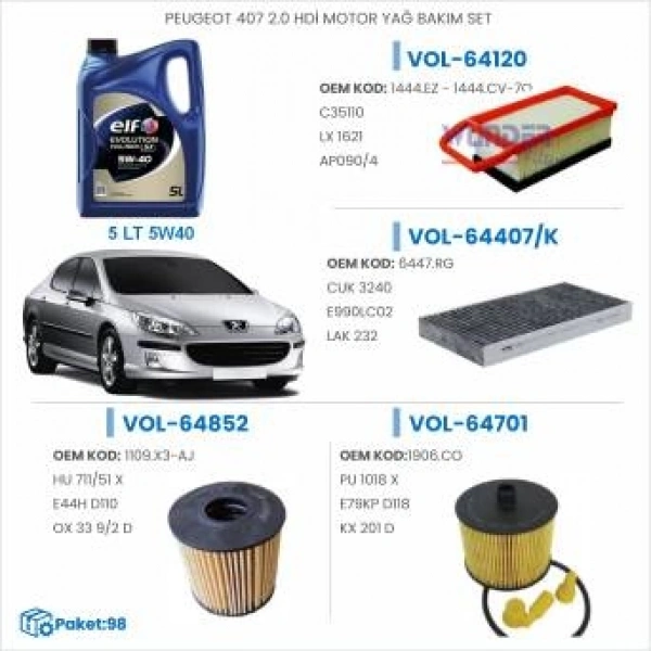 PEUGEOT 407 2.0 HDİ MOTOR YAĞ BAKIM SETİ