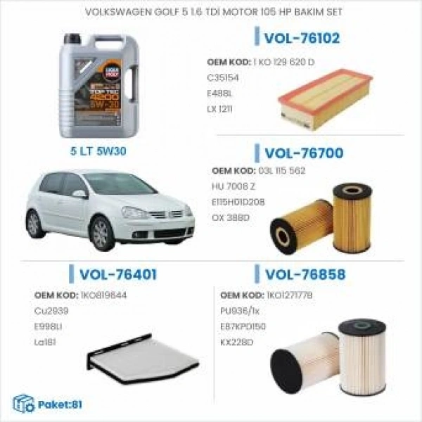 VOLKSWAGEN GOLF 5 1.6 TDİ MOTOR 105 HP BAKIM SETİ