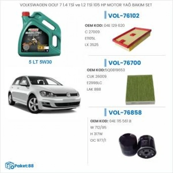 VOLKSWAGEN GOLF 7 1.4 TSİ ve 1.2 TSİ 105 HP MOTOR YAĞ BAKIM SETİ