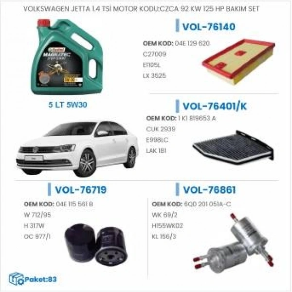 VOLKSWAGEN JETTA 1.4 TSİ MOTOR KODU:CZCA 92 KW 125 HP BAKIM SETİ