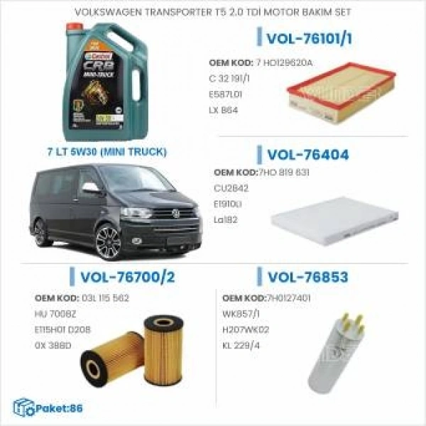 VOLKSWAGEN TRANSPORTER T5 2.0 TDİ MOTOR BAKIM SETİ