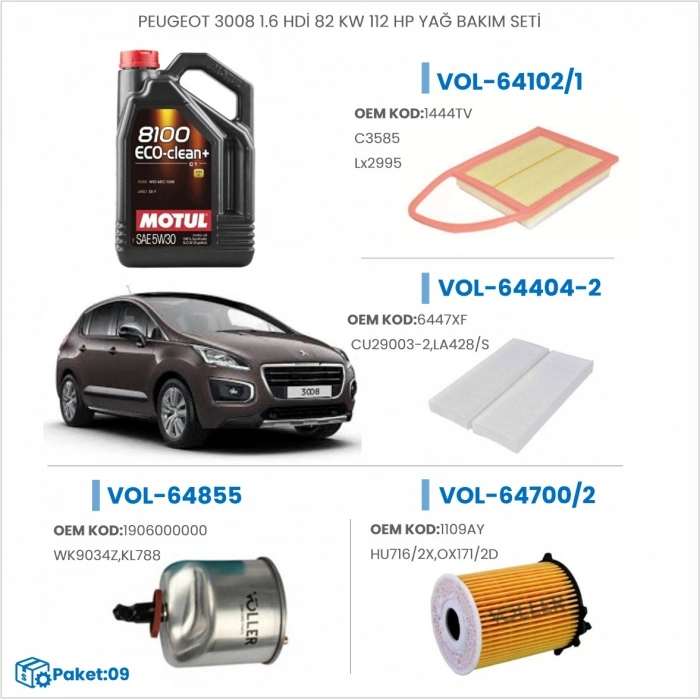 PEUGEOT 3008 1.6 HDİ 82 KW 112 HP YAĞ BAKIM SETİ
