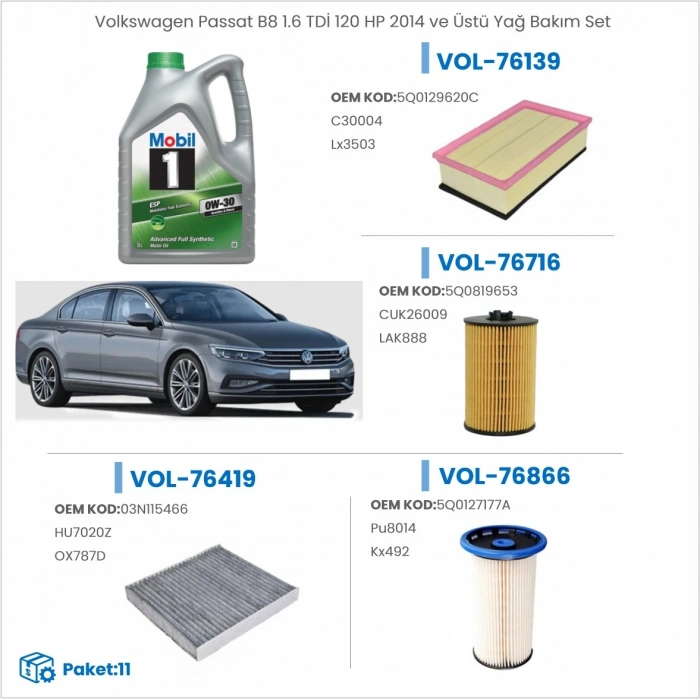 Volkswagen Passat B8 1.6 TDİ 120 HP 2014 ve Üstü Yağ Bakım Seti
