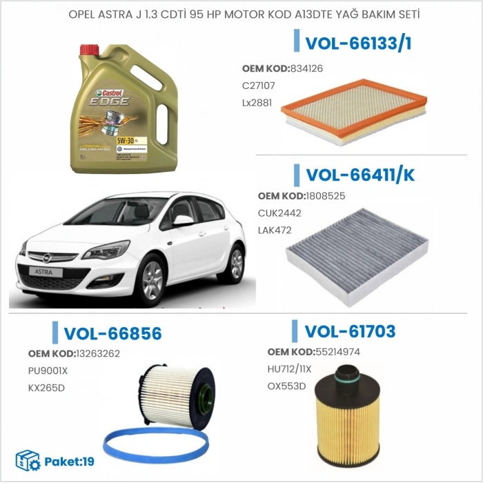 OPEL ASTRA J 1.3 CDTİ 95 HP MOTOR KOD A13DTE YAĞ BAKIM SETİ