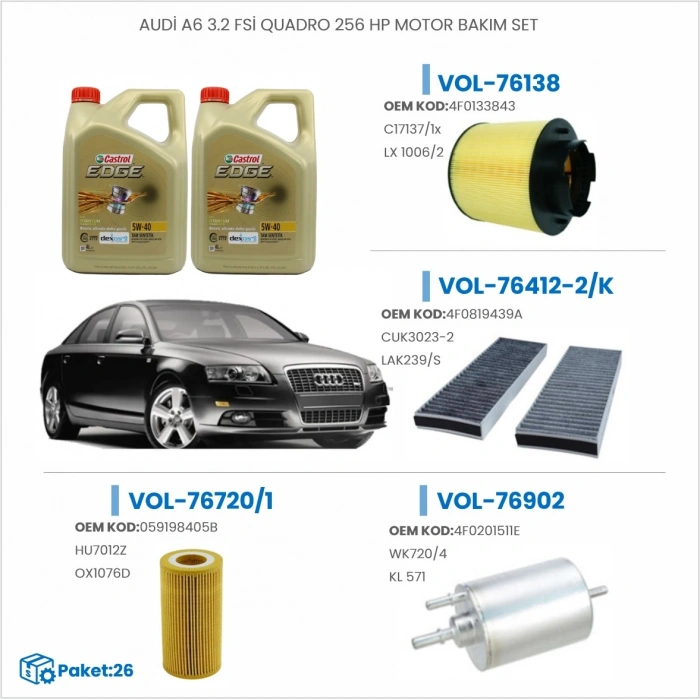 AUDİ A6 3.2 FSİ QUADRO 256 HP MOTOR BAKIM SETİ