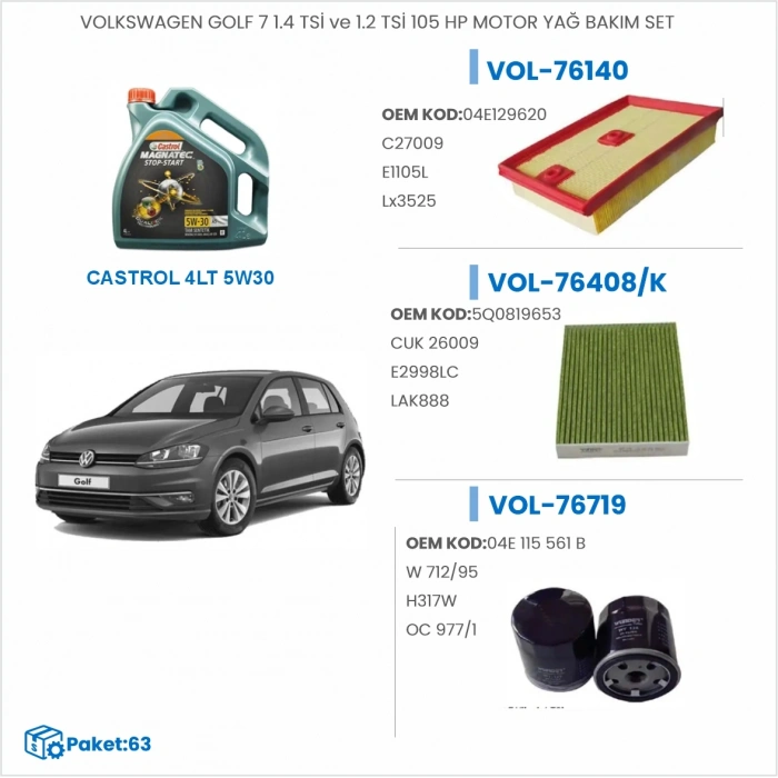 VOLKSWAGEN GOLF 7 1.4 TSİ ve 1.2 TSİ 105 HP MOTOR YAĞ BAKIM SETİ
