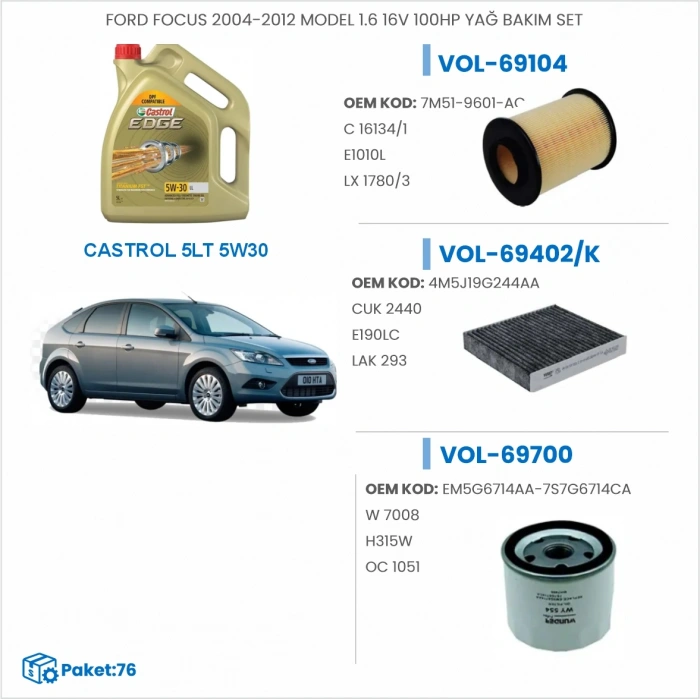 FORD FOCUS 2004-2012 MODEL 1.6 16V 100HP YAĞ BAKIM SETİ