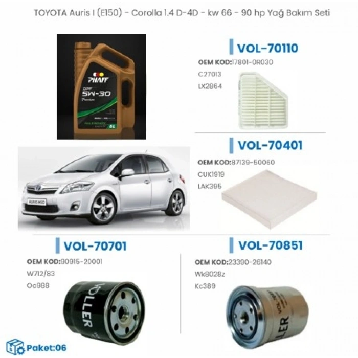 TOYATA Aurıs I (E150)- Coralla 1.4 D-D4-KW 60-99 hp Yağ Bakım Seti