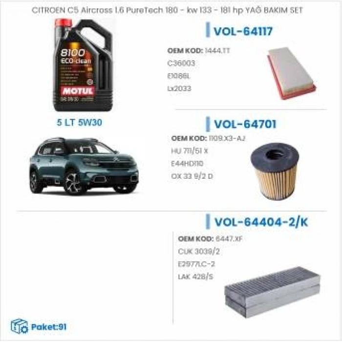 CITROEN C5 Aircross 1.6 PureTech 180 - kw 133 - 181 hp YAĞ BAKIM SETİ