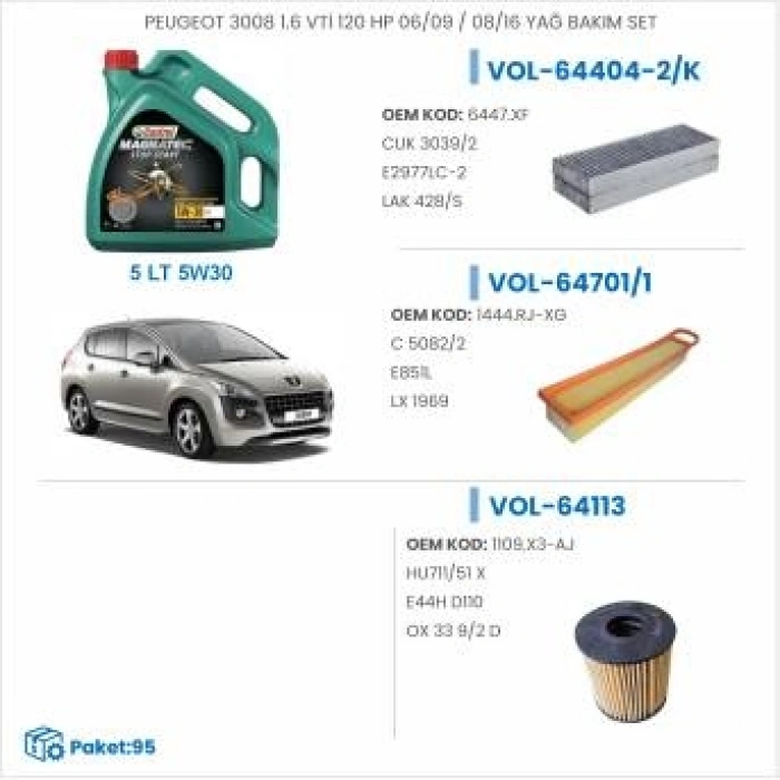 PEUGEOT 3008 1.6 VTİ 120 HP 06/09 → 08/16 YAĞ BAKIM SETİ