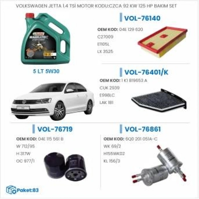 VOLKSWAGEN JETTA 1.4 TSİ MOTOR KODU:CZCA 92 KW 125 HP BAKIM SETİ
