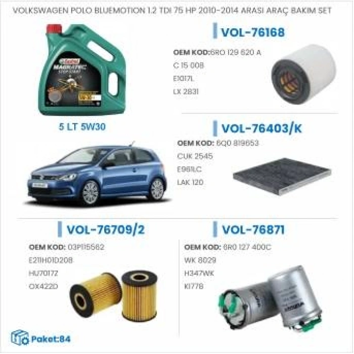 VOLKSWAGEN POLO BLUEMOTION 1.2 TDI 75 HP 2010-2014 ARASI ARAÇ BAKIM SETİ