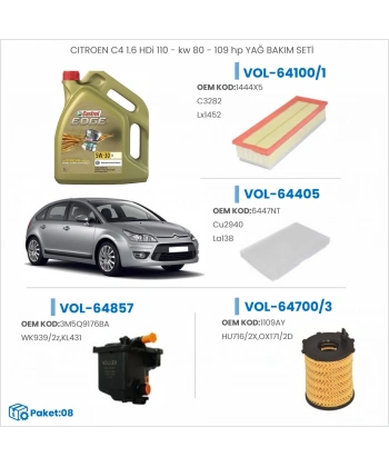 CITROEN C4 1.6 HDi 110 - kw 80 - 109 hp YAĞ BAKIM SETİ