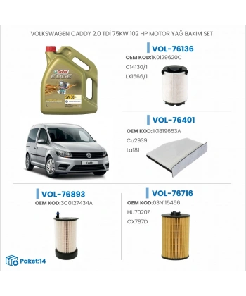 VOLKSWAGEN CADDY 2.0 TDİ 75KW 102 HP MOTOR YAĞ BAKIM SETİ
