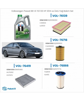 Volkswagen Passat B8 1.6 TDİ 120 HP 2014 ve Üstü Yağ Bakım Seti
