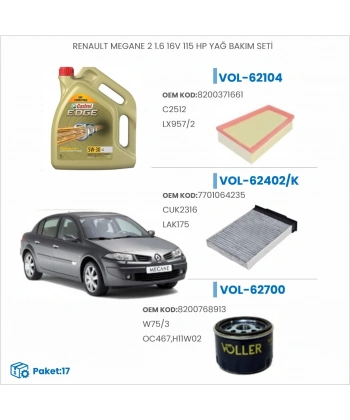 RENAULT MEGANE 2 1.6 16V 115 HP YAĞ BAKIM SETİ