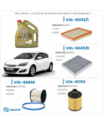 OPEL ASTRA J 1.3 CDTİ 95 HP MOTOR KOD A13DTE YAĞ BAKIM SETİ