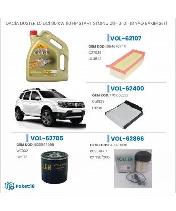 DACİA DUSTER 1.5 DCİ 80 KW 110 HP START STOPLU 08-13 → 01-18 YAĞ BAKIM SETİ