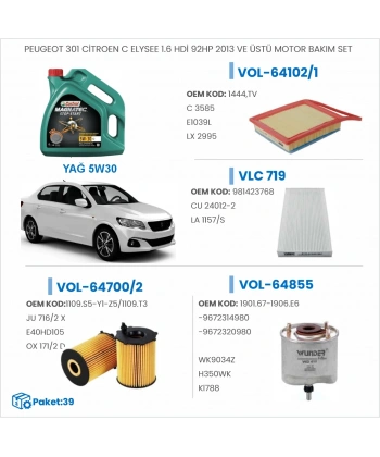 PEUGEOT 301 CİTROEN C ELYSEE 1.6 HDİ 92HP 2013 VE ÜSTÜ MOTOR BAKIM SETİ