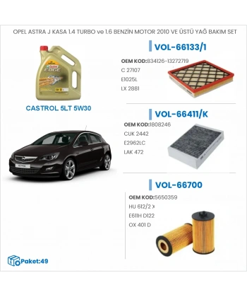 OPEL ASTRA J KASA 1.4 TURBO ve 1.6 BENZİN MOTOR 2010 VE ÜSTÜ YAĞ BAKIM SETİ