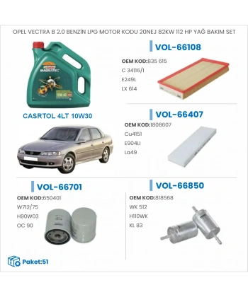 OPEL VECTRA B 2.0 BENZİN LPG MOTOR KODU 20NEJ 82KW 112 HP YAĞ BAKIM SETİ
