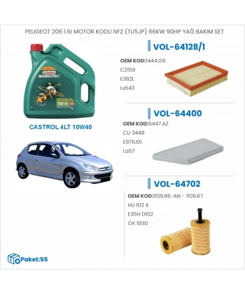 PEUGEOT 206 1.6i MOTOR KODU NFZ (TU5JP) 66KW 90HP YAĞ BAKIM SETİ