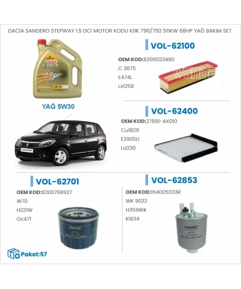 DACİA SANDERO STEPWAY 1.5 DCİ MOTOR KODU K9K 790/792 50KW 68HP YAĞ BAKIM SETİ