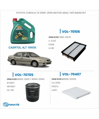 TOYOTA COROLLA 1.6 2000-2005 MOTOR ARAÇ YAĞ BAKIM SETİ