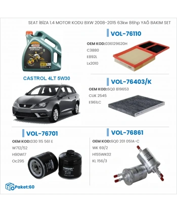 SEAT İBİZA 1.4 MOTOR KODU BXW 2008-2015 63kw 86hp YAĞ BAKIM SETİ